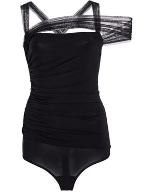 Nensi Dojaka Tulle-Detailed Ruched Jersey Bodysuit - Black