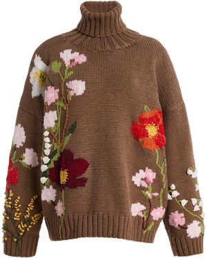 Oscar de la Renta Floral Intarsia Wool Jumper - Brown