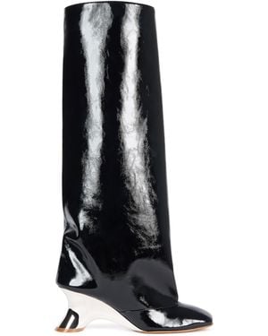 A.W.A.K.E. MODE Christy Knee-High Metallic Wedge Patent Leather Boots - Black