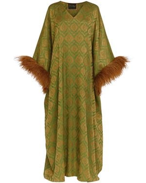 Dima Ayad Feather-Trimmed Metallic Print Maxi Kaftan - Green
