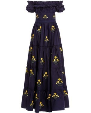 Agua Bendita Azucar Off-the-shoulder Embroidered Cotton Maxi Dress - Blue