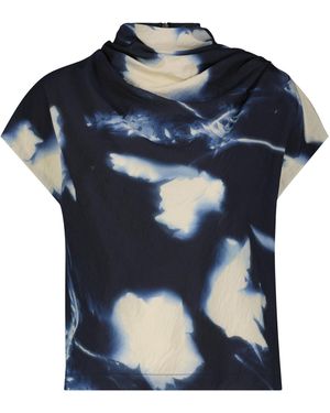 Lela Rose Draped Abstract Floral Crepe Top - Blue