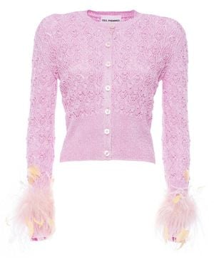 DES_PHEMMES Feather-Trimmed Pointelle-Knit Cardigan - Pink