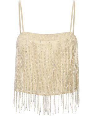 LoveShackFancy Ambrina Disco Beaded Fringe Crop Top - Natural