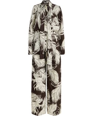 Oscar de la Renta Feather-Printed Silk Jumpsuit - White