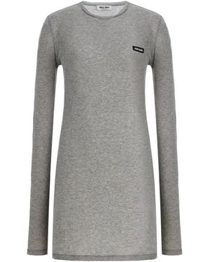 Miu Miu Ribbed Cotton T-Shirt Mini Dress - Grey