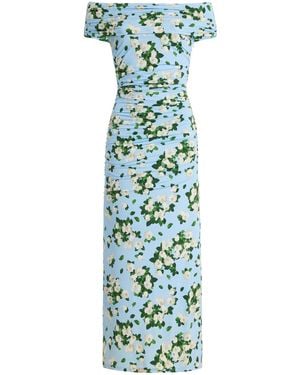 Carolina Herrera Floral Jersey Gathered Midi Dress - Blue