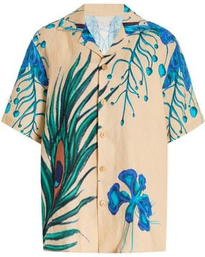 House of Aama Exclusive Camp Printed Silk Twill Shirt - Blue