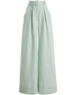 Matthew Bruch Pleated Linen Wide-Leg Trousers - Green