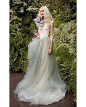 Vera Wang Larkspur V-neck Crepe Gown With Tulle Skirt - White