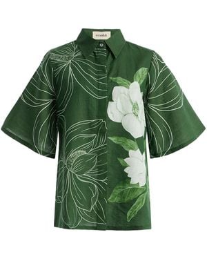 VERANDAH Bell-Sleeve Floral Linen-Cotton Shirt - Green