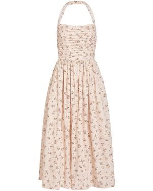 Markarian Leia Ruched Cotton Eyelet Midi Halter Dress - Natural