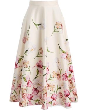 Oscar de la Renta Painted Iris Poplin A-Line Midi Skirt - Natural