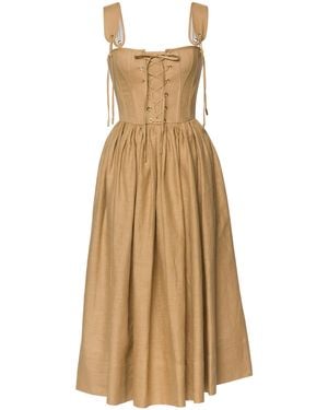 Lena Hoschek Giuseppina Lace-Up Linen Midi Dress - Natural