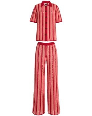 Akoia Swim Exclusive Riviera Striped Cotton-crochet Pant Set - Red