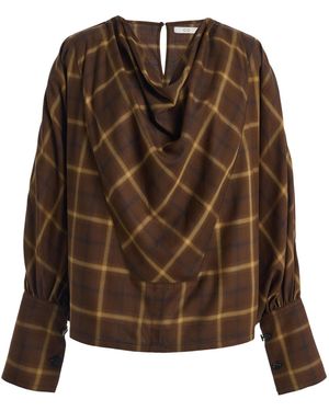Co. Draped Check Plaid Tunic Top - Brown