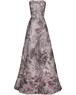 Naeem Khan Raffia Strapless Floral Embroidered Gown - Purple