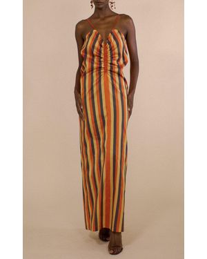Christopher John Rogers Striped Ruched Front Cami Silk Maxi Dress - Natural