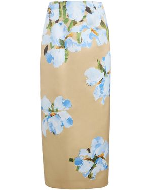 Oscar de la Renta Watercolour Iris Satin Pencil Midi Skirt - Blue