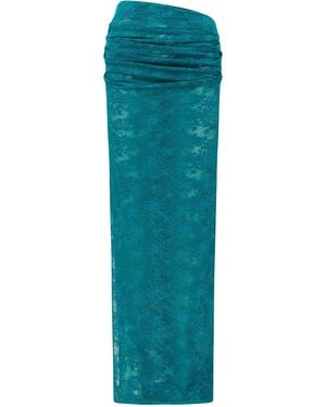 Alex Perry Tucked Sheer Stretch Lace Maxi Column Skirt - Blue