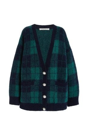Alessandra Rich Oversized Brushed Tartan Mohair-blend Cardigan - Blue