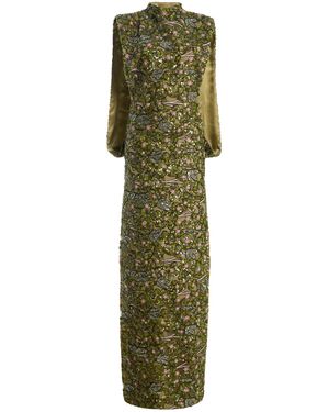 Atelier Prabal Gurung Sequin Embroidered Tulle Mock-Neck Open Cocoon Column Dress - Green