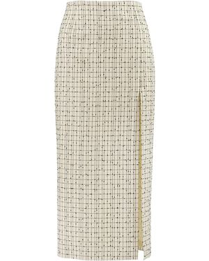 Carolina Herrera Side-Slit Slub Yarn Check Tailoring Midi Pencil Skirt - Natural