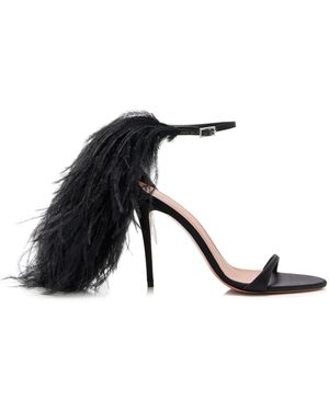 AMINA MUADDI Jerry Feather-Trimmed Satin Sandals - Black