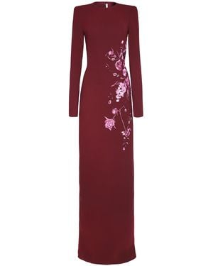 Naeem Khan Crepe Floral Applique Long Sleeve Column Dress - Red