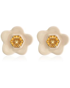 Aliita Flower Exagonal 9K; 925; Citrine Enamel Earrings - White