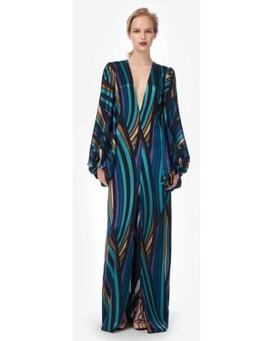 Costarellos Willow Printed Satin Column Gown - Blue