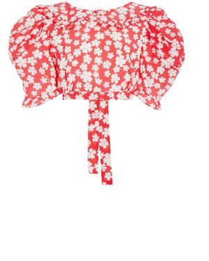 Miu Miu Puff-Sleeve Silk Open-Back Crop Top - Red