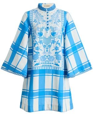VERANDAH Cotton-Blend Mini Kaftan Dress - Blue