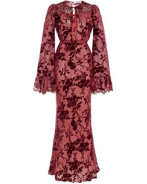 Rodarte Bell-sleeve Lace-trimmed Flocked Maxi Dress - Red