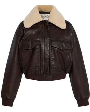 Sea Lenoir Shearling-Trimmed Leather Cropped Bomber Jacket - Black