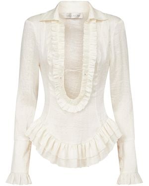 Ludovic de Saint Sernin Duchesse Plunging Neckline Silk Top - White
