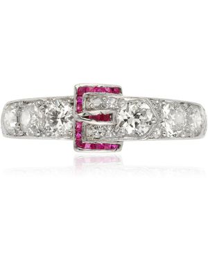 Simon Teakle Art Deco Platinum Diamond And Ruby Buckle Ring - White