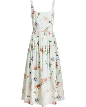 Oscar de la Renta Sleeveless Painted Iris Poplin Midi Dress - White