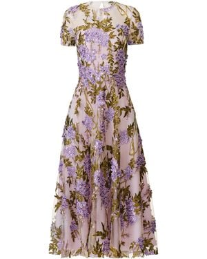 Naeem Khan Floral Lace Cocktail Midi Dress - Purple