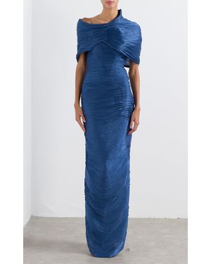 Marmar Halim Roseya Off-Shoulder Pleated Cape Gown - Blue