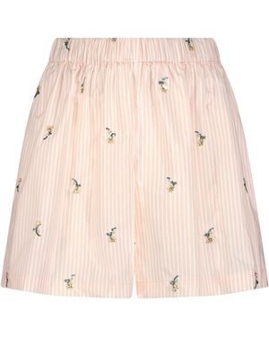 Lela Rose Embroidered Striped Cotton Shorts - Natural