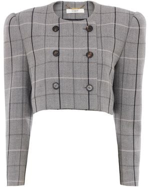 Chloé Cropped Wool Checkered Jacket - Gray