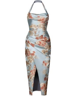 Rasario Floral Jacquard Draped Midi Dress - Blue