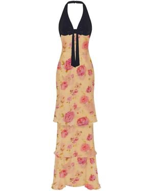 Rasario Bow-Detailed Chiffon & Velvet Maxi Dress - Yellow