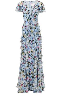 Carolina Herrera Ruffled Garden Floral Silk-Chiffon Gown - Blue