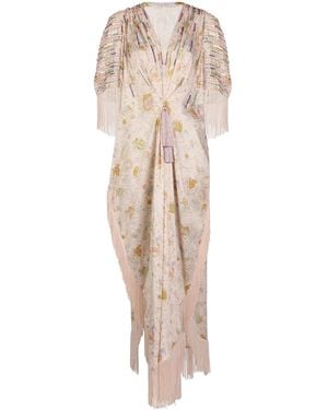 Ola by Ohaila Khan Fringe-Trimmed Sequined Crepe Caftan Dress - Natural