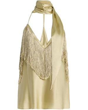 De La Vali Exclusive Sirocco Scarf-Neck Fringed Silk-Blend Satin Top - Natural