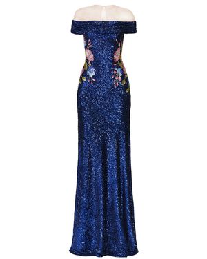 Naeem Khan Stretch Sequin Off-Shoulder Illusion Neckline Gown With Floral Applique - Blue
