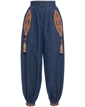 Valentino Garavani Embroidered Chambray Balloon-Leg Trousers - Blue