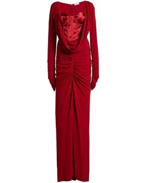 Zuhair Murad Satin & Jersey Long Sleeves Long Dress With Flower - Red